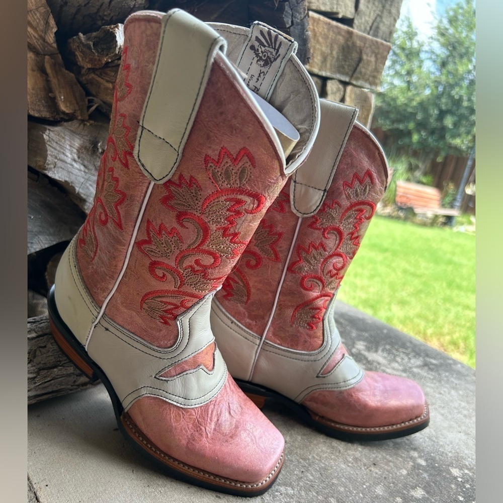 Stylish Pink & White girls leather western Boots‎ Sz-3 girls locBB